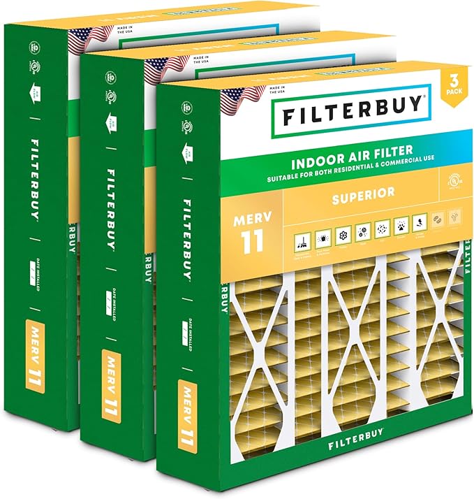 Filterbuy 20x25.25x3.5 Air Filter MERV 11 Superior Pet & Allergy Defense (3-Pack), Pleated HVAC AC Furnace Filters for AprilAire Space-Gard 102 & 2120 (Actual Size: 19.94 x 25.38 x 3.75)