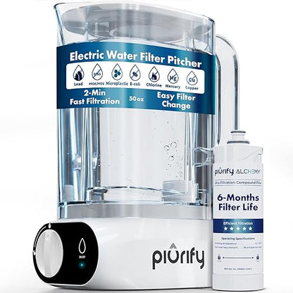 Compact 50oz Countertop Electric Water Filter Pitcher – Removes 99% of Lead, Microplastics, PFAS & Chlorine – Advanced Carbon Block & UltraFiltration Technology – 6 Months Filter Life