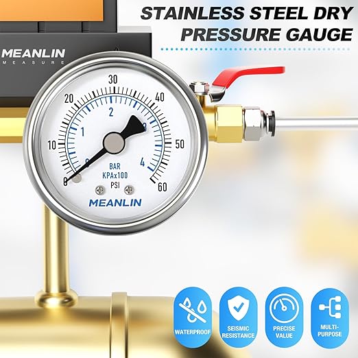 MEANLIN MEASURE 0~60Psi Dry Pressure Gauge Stainless Steel 1/4"NPT 2"FACE DIAL Waterproof for Pool Filter Pump Water Air Compressor Tire Pressure Tester Back Mount with 1/2"NPT and 3/8"NPT Hex Bushing
