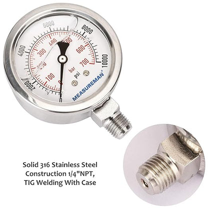 MEASUREMAN 2-1/2" dial,Glycerin Filled Hydraulics Pressure Gauge Stainless Steel case, 316 SS Wetted Part, 0-10000psi/bar1/4 NPT,Lower Mount
