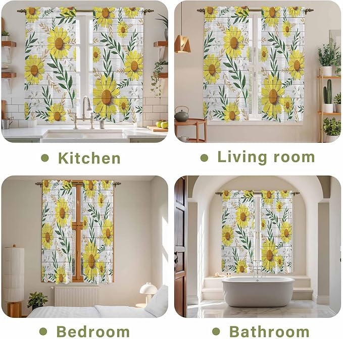 Yellow Daisy Kitchen Curtains, Farmhouse Country Flower Leaf Plant Wood Grain Light Filtering Window Curtain Panels, 2Pcs Rod Pocket Window Treatments Set for Living Room Bathroom Bedroom 42x63 Inches
