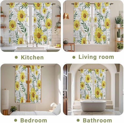 Yellow Daisy Kitchen Curtains, Farmhouse Country Flower Leaf Plant Wood Grain Light Filtering Window Curtain Panels, 2Pcs Rod Pocket Window Treatments Set for Living Room Bathroom Bedroom 42x63 Inches