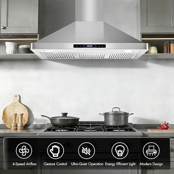 36 inch Wall Mount Range Hood Convertible Vent with Permanent Baffle Filters 800CFM Stainless Steel for Kitchen Gesture Sensing & Touch Control, 4 Speed Exhaust Fan, ETL listed (36 inch)