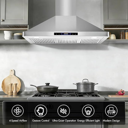 36 inch Wall Mount Range Hood Convertible Vent with Permanent Baffle Filters 800CFM Stainless Steel for Kitchen Gesture Sensing & Touch Control, 4 Speed Exhaust Fan, ETL listed (36 inch)