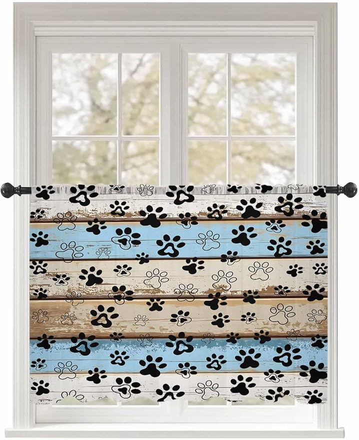 Sheer Curtains 45 Inch Length, Blue Brown Paw Prints Semi Sheer Curtains Light Filtering Window Treatment, Vintage Farmhouse Rustic Wooden Grain Privacy Voile Drapes for Living Room Bedroom 52x45 Inch