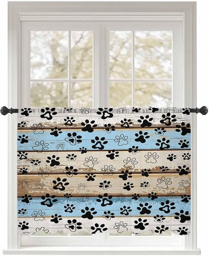 Sheer Curtains 45 Inch Length, Blue Brown Paw Prints Semi Sheer Curtains Light Filtering Window Treatment, Vintage Farmhouse Rustic Wooden Grain Privacy Voile Drapes for Living Room Bedroom 52x45 Inch