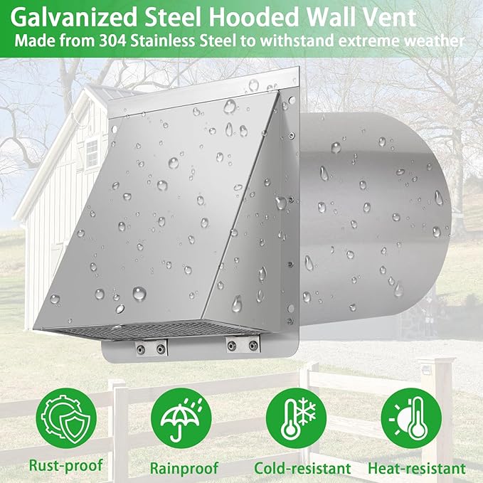 10 Inch Wall Vent Exhaust Vent Cover,Hooded Wall Vent with Screen and Damper,Outdoor Wall Exhaust Vent Cap Exterior Air Vent Cover for Kitchen Range Hood HVAC Duct Dryer Ventilation, Stainless Steel