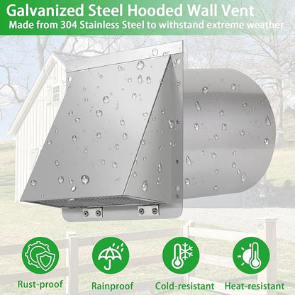 10 Inch Wall Vent Exhaust Vent Cover,Hooded Wall Vent with Screen and Damper,Outdoor Wall Exhaust Vent Cap Exterior Air Vent Cover for Kitchen Range Hood HVAC Duct Dryer Ventilation, Stainless Steel