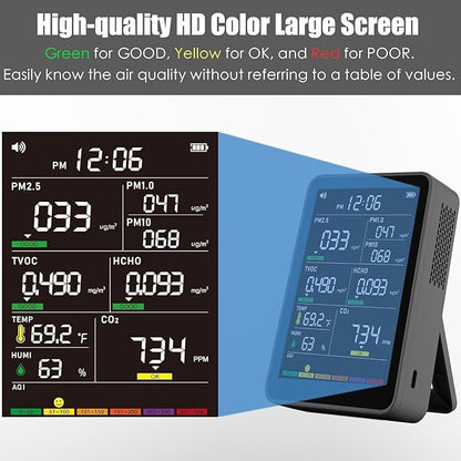 Professional Indoor Air Quality Monitor with AQI, Portable Real-Time Detector for Home Cars Plants and Pets (Black)