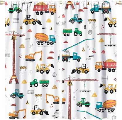 Construction Window Curtains, Kids Cartoon Construction Machines Building Hand Drawn Doodle Rod Pocket Decorative Windows Curtain for Children Teens Room Decor 63x63in (30% Blackout)