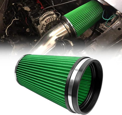 RYANSTAR RACING 152mm 6" High Flow Round Tapered Cone Closed-Top Washable Clamp-On Dry Air Filter Long 265mm tall Green
