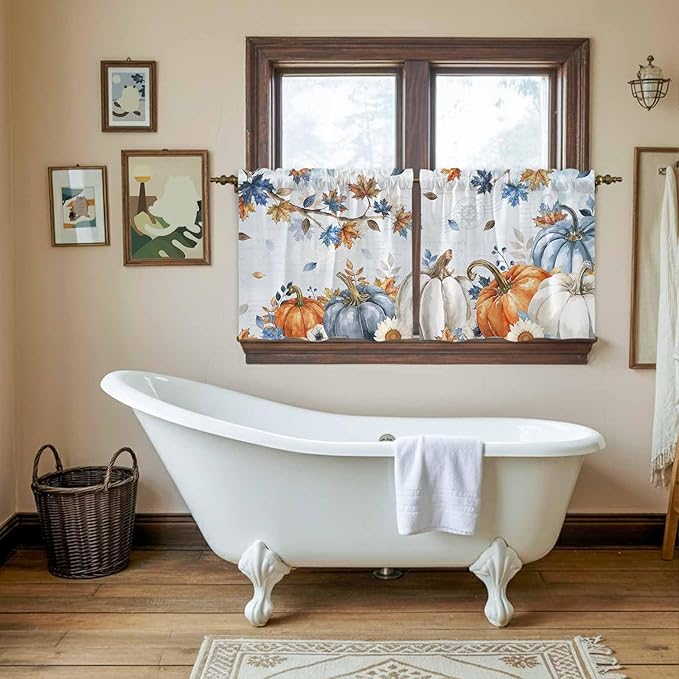 Fall Blue Maple Kitchen Tier Curtains 36 Inch Long 2 Panel Set,Rod Pocket Half Window Curtains Over Sink,Thanksgiving Pumpkins Daisy Country Leaves Short Drapes for Bathroom Cafe 27.5"W x 36"L