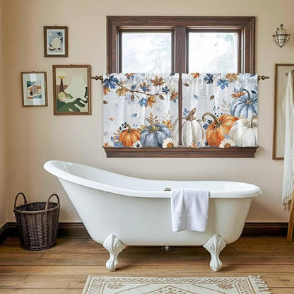 Fall Blue Maple Kitchen Tier Curtains 36 Inch Long 2 Panel Set,Rod Pocket Half Window Curtains Over Sink,Thanksgiving Pumpkins Daisy Country Leaves Short Drapes for Bathroom Cafe 27.5"W x 36"L