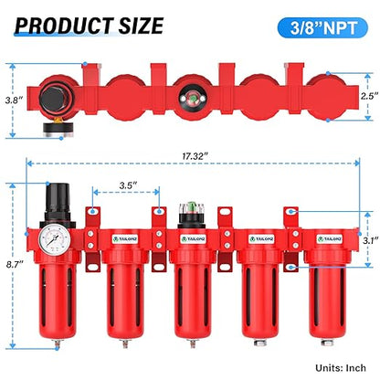 TAILONZ PNEUMATIC 0-150PSI 3/8 Inch NPT Red Industrial Grade 5 Stage Air Drying System, Particulate Filter, Coalescing Filter, Double Desiccant Dryer and Air Regulator (Manual Drainage)