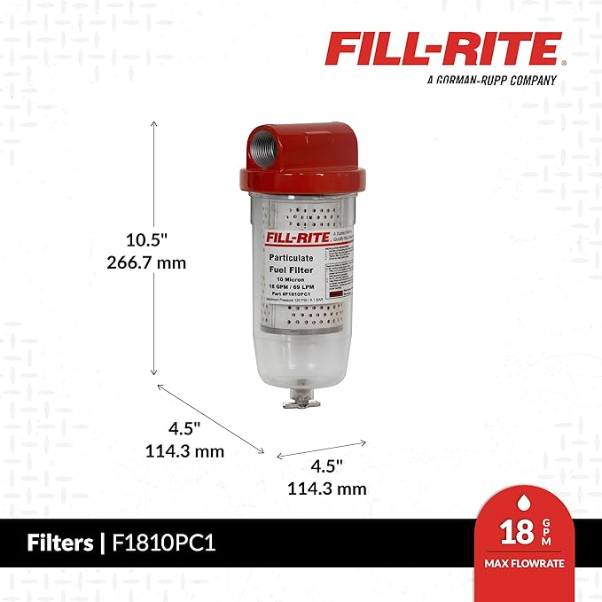 Fill-Rite F1810PC1 1" 18 GPM (68 LPM) 10 Micron Particulate Fuel Filter with Drain (Clear Bowl)