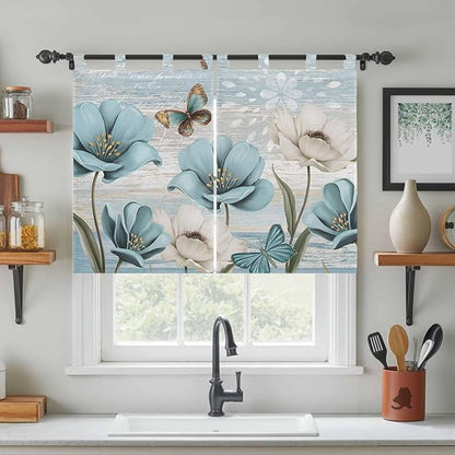 Spring Floral Kitchen Curtains 45 Inch Length, Short Cafe Window Curtains Tab Top, Vintage Tulips Flower Butterfly Retro Wood Blue Light Filtering Window Treatments Tier Drapes 27.5"x45" 2 Panel