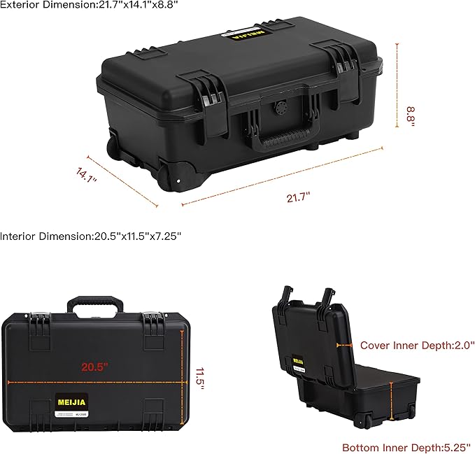 MEIJIA Premium Waterproof Hard Compact Rolling Camera Case with customizable fit foam and wheels,Full Protection with Light&Convenient Design,21.7"x14.1"x8.8",Elegant Black