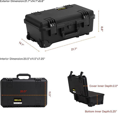 MEIJIA Premium Waterproof Hard Compact Rolling Camera Case with customizable fit foam and wheels,Full Protection with Light&Convenient Design,21.7"x14.1"x8.8",Elegant Black