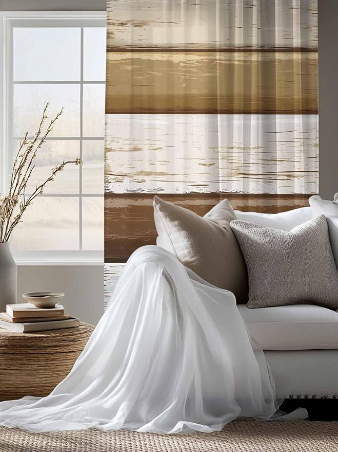 Sheer Curtains 63 Inch Length, Wood Grain Brown Semi Sheer Curtains Light Filtering Window Treatment, Farmhouse Vintage Country Geometric Privacy Voile Drapes for Living Room Bedroom 52x63 Inch