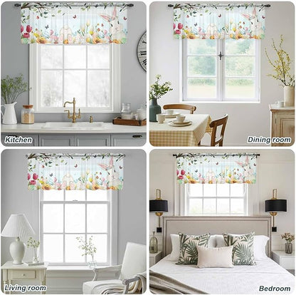 Easter Sheer Valances for Windows 54"x18", Light Filtering Kitchen Curtains Valance, Spring Watercolor Bunny Eggs Tulip Flower Plant Rod Pocket Chiffon Curtains for Living Room Bedroom Cafe