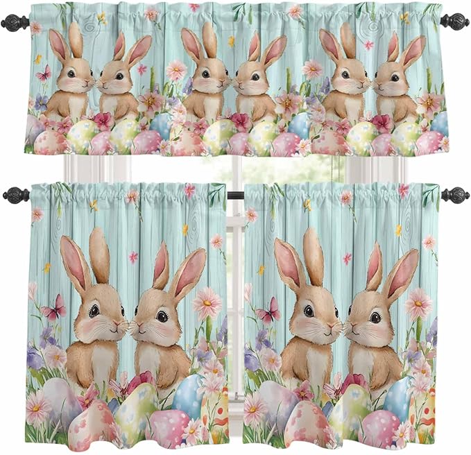 Easter Kitchen Curtains Set 3 Piece for Windows, Rod Pocket Valance and Tier Set 36 Inch Length, Spring Rabbit Colorful Eggs Flowers Wooden Grain Light Filtering Cafe Curtains for Living Room Bathroom