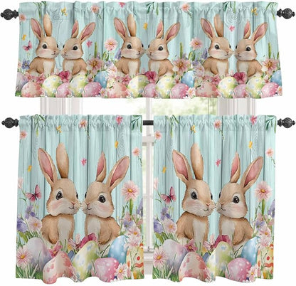 Easter Kitchen Curtains Set 3 Piece for Windows, Rod Pocket Valance and Tier Set 36 Inch Length, Spring Rabbit Colorful Eggs Flowers Wooden Grain Light Filtering Cafe Curtains for Living Room Bathroom