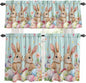 Easter Kitchen Curtains Set 3 Piece for Windows, Rod Pocket Valance and Tier Set 36 Inch Length, Spring Rabbit Colorful Eggs Flowers Wooden Grain Light Filtering Cafe Curtains for Living Room Bathroom