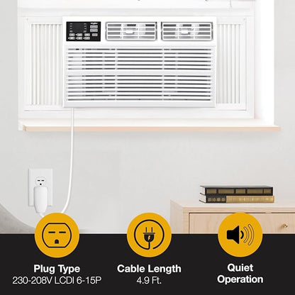 Whirlpool 18,000 BTU Window Air Conditioner with Dehumidifier, 230V, Window AC for Large Rooms up to 1000 Sq. Ft., Bedroom, Living Room, Apartment, with Remote, 3 Speeds, and 24H Timer, White