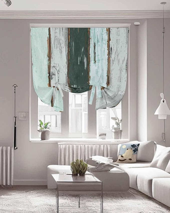 Tie Up Curtains for Windows, Blue Teal Adjustable Balloon Nature Linen Textured Kitchen Curtain, Vintage Wooden Retro Art Farmhouse Barns Tie Up Blackout Curtains for Bedroom, 52 x 63 Inches