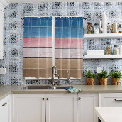 Blue Pink Brown Gradient Wood Grain Window Valance Curtains, Vintage Wood Board Light Filtering Kitchen Valance with 3-inch Rod Pocket for Living Room Bathroom Bedroom,2 Panel,42x63In