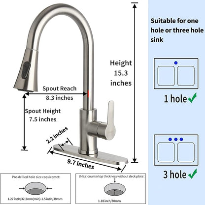 Single Handle Kitchen Faucet with Pull Down Sprayer Modern Stainless Steel Arc Kitchen Faucet Brushed Nickel, Commercial Kitchen Sink Faucet with Deck