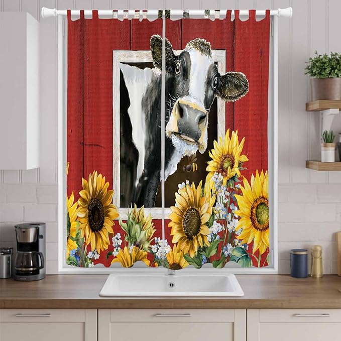 Cows Sunflowers Living Room Curtains 84 Inch Length, Window Curtains Tab Top, Spring Botanical Floral Bees Red Barn Light Filtering Window Treatments Drapes 52"x84" 2 Panel