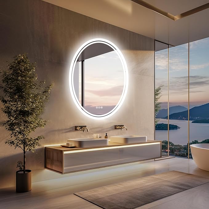 LUVODI Lighted LED Bathroom Mirror: 32”x24” Oval Wall Mounted Dimmable Makeup Mirror Anti-Fog with Back Lit - Illuminated 3 Colors Vanity Mirrors with Demister Pad Smart Touch Switch IP56 Rated
