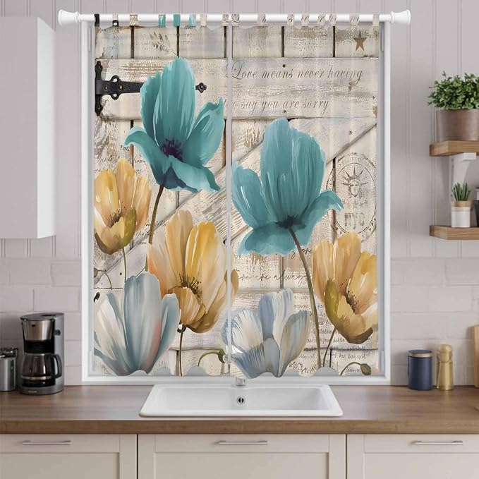 Watercolor Flowers Living Room Curtains 96 Inch Length, Window Curtains Tab Top, Vintage Tulips Floral Barn Doors Wood Grain Light Filtering Window Treatments Drapes 52"x96" 2 Panel