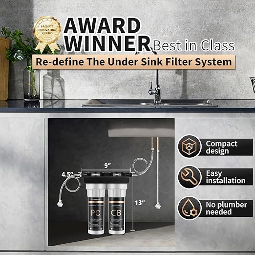 Under Sink Water Filter System, 2-Stage Deep Filtration, Reduce Heavy Metals/Chlorine/PFAS/Odor/Sediment, NSF/ANSI 42&53 Improve Taste, Life Indication Mineral pH+ Under Sink Water Filter