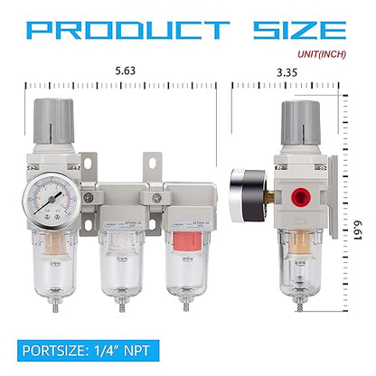 NANPU Three Stage Air Drying System - 5 Micron Particulate Filter, 0.5＆0.01 Micron Coalescing Filters, Air Pressure Regulator Combo - 0-150 psi Gauge, Semi-Auto Drain, Metal Bracket (1/4" NPT）
