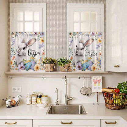Happy Easter Kitchen Curtains Set 3 Piece for Windows,Rod Pocket Valance and Tier Set 24 Inch Length,Spring Grey Bunny Colorful Eggs Flower Beige Light Filtering Cafe Curtains for Living Room