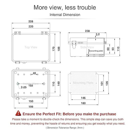 QILIPSU Waterproof Junction Box IP67 Outdoor Plastic Electrical Project Enclosure Weatherproof with Mounting Plate, Wall Brackets, Hinged Grey Cover 8.6"x6.7"x4.3"