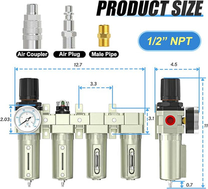 4 Stage Heavy Duty Industrial Grade 3/4" NPT Air Drying System For Plasma Cutter and Paint Spray, Coalescing Filter,Particulate Filter,Double Desiccant Dryer and Air Regulator,Manual Drain
