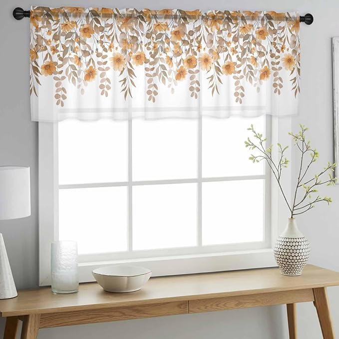 Spring Summer Flowers Sheer Valance Curtains, Vintage Watercolor Orange Floral Leaf Plant Light Filtering Kitchen Valances Rod Pocket Voile Curtain Treatment for Bedroom/Living Room/Basement 54Wx18L