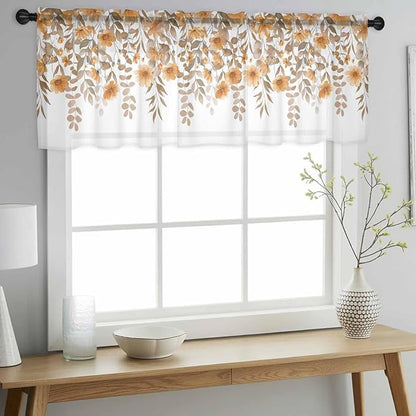 Spring Summer Flowers Sheer Valance Curtains, Vintage Watercolor Orange Floral Leaf Plant Light Filtering Kitchen Valances Rod Pocket Voile Curtain Treatment for Bedroom/Living Room/Basement 54Wx18L