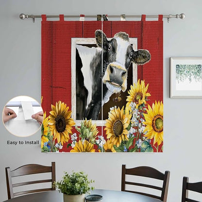 Cows Sunflowers Living Room Curtains 84 Inch Length, Window Curtains Tab Top, Spring Botanical Floral Bees Red Barn Light Filtering Window Treatments Drapes 42"x84" 2 Panel