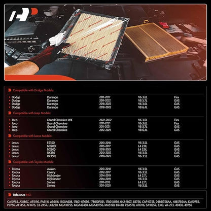 A-Premium Engine Air Filter Compatible with Toyota, Dodge, Jeep & Lexus Models - Camry, Highlander, Avalon, Sienna, Durango, Grand Cherokee, ES350, NX300, RX350 - Replace# 17801-0P050