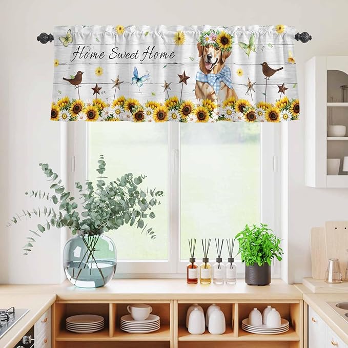 Kitchen Curtains Tiers and Valance Set of 3, Sunflowers Dog Light Filtering Window Curtain Set, Spring Watercolor Floral Stars Wood Grain Rod Pocket Curtain Drapes for Living Room, 36 Inches Tiers