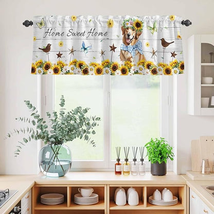 Kitchen Curtains Tiers and Valance Set of 3, Sunflowers Dog Light Filtering Window Curtain Set, Spring Watercolor Floral Stars Wood Grain Rod Pocket Curtain Drapes for Living Room, 24 Inches Tiers