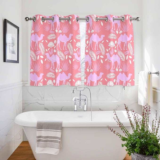 2 Panel Kitchen Cafe Curtains, Desert Camel Sunlight Filtering Nature Air Through, Home Decor Window Covering Tier Curtains for Bedroom Living Room Vintage Sand Camel Leaves Flower Pattern Pink