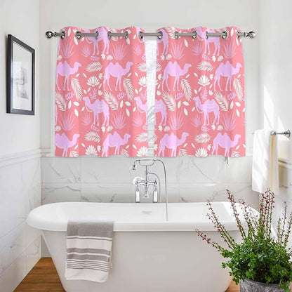 2 Panel Kitchen Cafe Curtains, Desert Camel Sunlight Filtering Nature Air Through, Home Decor Window Covering Tier Curtains for Bedroom Living Room Vintage Sand Camel Leaves Flower Pattern Pink