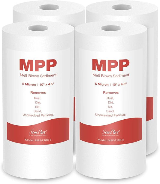 SimPure Sediment Water Filters, 5 Micron 10" x 4.5" Whole House Water Filter Replacement Compatible for W15-PR, DGD-5005, FP15B, HD-950A, GXWH35F, GXWH30C for Well Water, 4 Pack