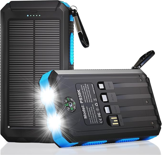 Solar Charger Power Bank 20,000mAh, Portable Charger, 4 Cables 3 Ports Fast Charging External Battery Pack with USB C for Cell Phones, Solar Panel Charger with Dual Flashlight for Camping