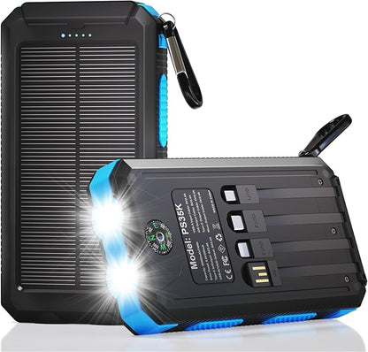 Solar Charger Power Bank 20,000mAh, Portable Charger, 4 Cables 3 Ports Fast Charging External Battery Pack with USB C for Cell Phones, Solar Panel Charger with Dual Flashlight for Camping